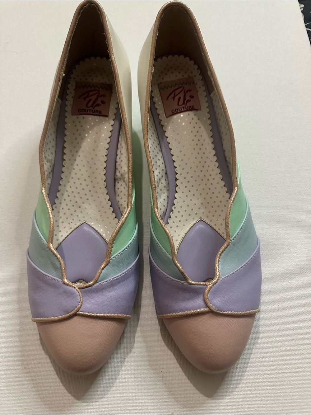 Pinup Couture Lulu Pastel Blocked Scallop Kitten Heels Mint Multi Matte Size 10 - Picture 2 of 11